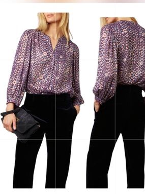 Gerard Darel Blouse Top Metallic  Abstract Print Balloon Sleeve Purple Sz 36 US4